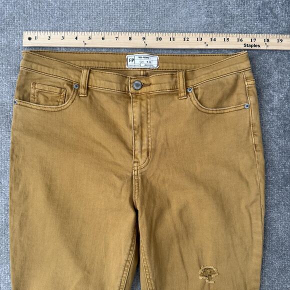 Free People Jeans Womens 30 Yellow Mid Rise Skinny Fringe Hem Distressed Stretch - Picture 7 of 12